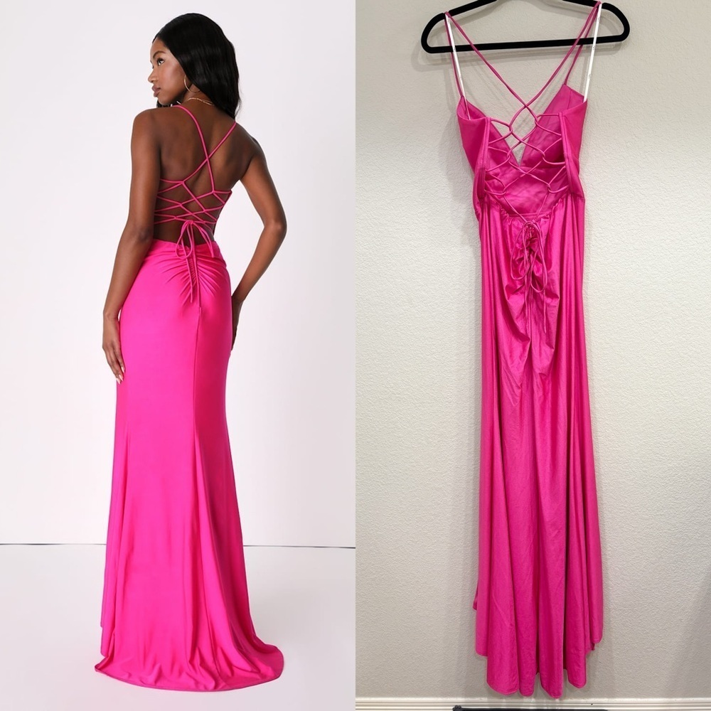 NWOT Lulus Divine Desires Hot Pink Satin Lace-Up Mermaid Maxi Dress - Picture 6 of 10
